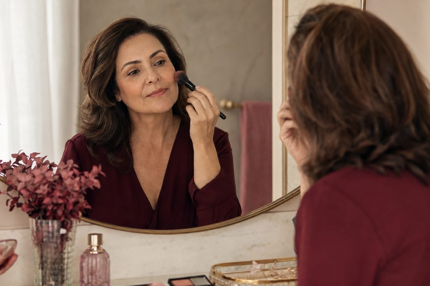 Mulher madura aplicando blush diante do espelho